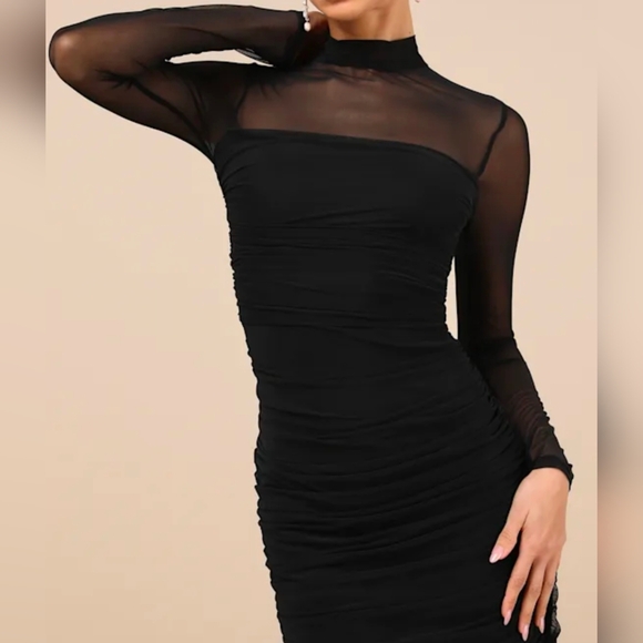 Lulus Impressive Flirt Black Mesh Ruched Mock Neck Midi Dress XXS - Picture 3 of 11